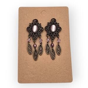 Avon Filigree Drop Vintage Earrings Lavender Mauve Amethyst Beads Antique Tone